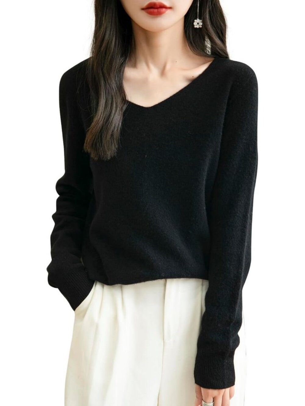 Cozy 100% Merino Wool V-Neck Sweater | Casual Long Sleeve Seamless Knit Top